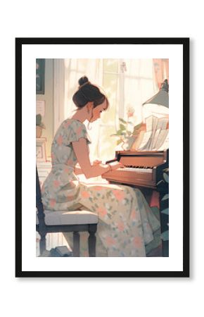 Old fashioned illustration, mid-century retro woman learning to play piano. Romantic concept of classical music. Vintage poster on the practice of a musician. lady pianist plays instrument.