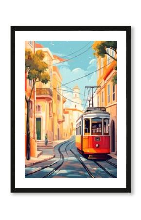 Portugal Lisbon retro city poster with  houses, street and old tram