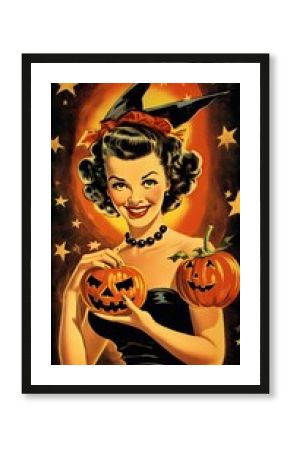 woman female witch vintage retro book postcard illustration 1950s scary halloween costume smile