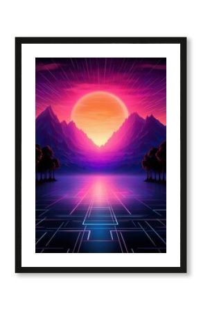 Retro futuristic retro 80s neon trendy synthwave vaporwave concept. Sunset neon background.