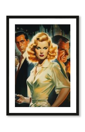 hollywood pulp crime. a painting of a man and a woman standing next to a car, old retro pulp noir comic cover, movie poster painting, classic film noir scene, movie poster art, 