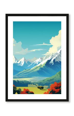 Retro poster with snow capped mountains in the morning vintage style landscape vacation travel holiday with copy space