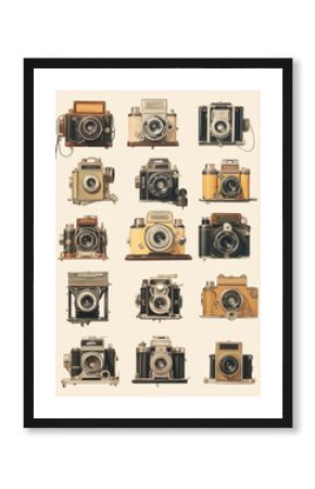 Vintage poster with seamless pattern with different retro photo cameras on a white background