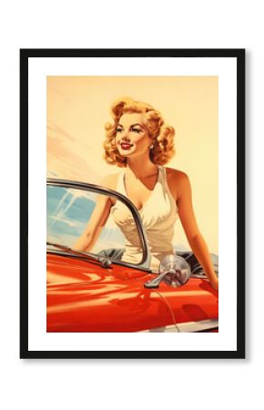 Retro 1960's pin up style postcard of smiling woman driver in white dress and red old cabriolet