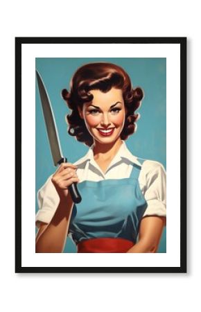 Pretty pin up young woman holding a knife. 50s style retro poster. Generative AI 