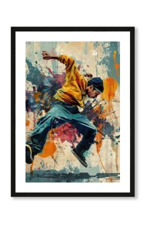 Urban Rhythm: 80s Breakdancer on Graffiti-Covered Ground Poster