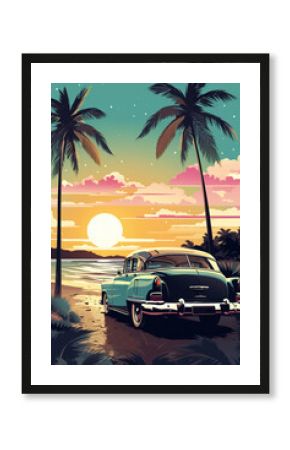 old retro vintage car at sunny beach with palm trees and sea, travel and adventure concept, road trip to ocean
