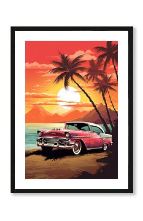 old retro vintage car at sunny beach with palm trees and sea, travel and adventure concept, road trip to ocean