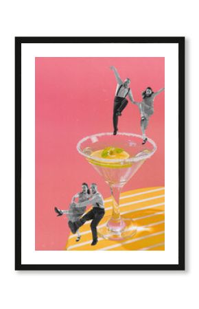 Elegant, positive young couple, man and woman in retro clothes dancing near martini cocktail against pink background. Contemporary artwork. Concept of party, alcohol drinks, celebration, retro style