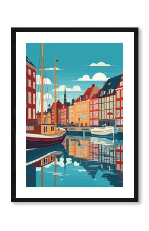 Illustration of Copenhagen Denmark Travel Poster in Colorful Flat Digital Art Style