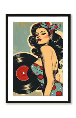 Pin-up girl, beautiful brunette woman in blue dress holds a vinyl record, vintage illustration poster for music store or retro themed decoration
