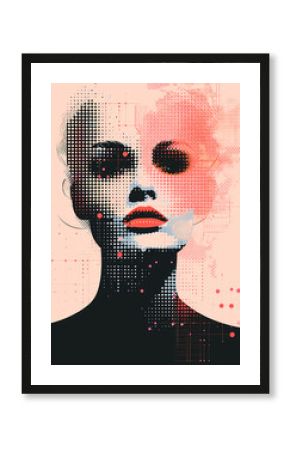 Halftone abstract digital fashion woman portrait on light red background. Silhouette of a human head made of dots and particles. Minimalistic design for print, card, flyer or interior poster