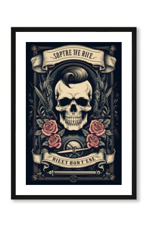 Vintage poster design with a skull, hair scissors and roses for barbershop