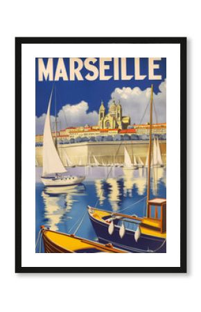 Marseille Retro Poster, 1950s Old Port with Fishermen, Boats and Notre-Dame de la Garde.