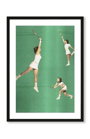 Poster. Contemporary art collage. Young athlete woman in retro ununiform playing tennis in motion against green background. Concept of sport, active lifestyle, tournament. Retro effect, art style.