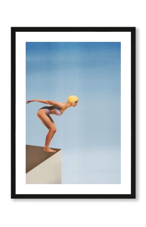 Poster. Contemporary art collage. Young athlete woman in retro swimsuit and cap stands on edge of platform to diving to water. Concept of sport, active lifestyle, tournament. Retro effect, art style.