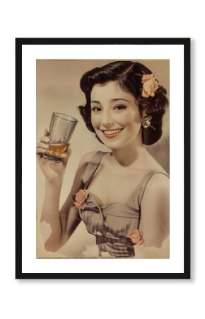 架空の昭和時代／ビールCMポスター　Old nostalgic commercial image. A commercial in which a Japanese actress smiles while holding a beer.