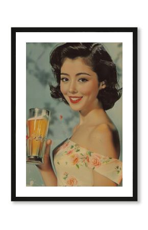 架空の昭和時代／ビールCMポスター　Old nostalgic commercial image. A commercial in which a Japanese actress smiles while holding a beer.