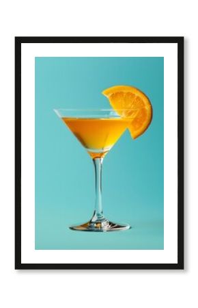 cocktail martini glass alcohol orange liquid lemon reflection retro summer party poster blue background photo pop art flat lay style copy space 