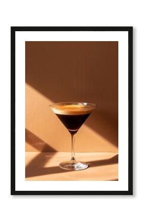 cocktail espresso martini glass alcohol liquid reflection retro cafe party poster brown background photo pop art flat lay style copy space
