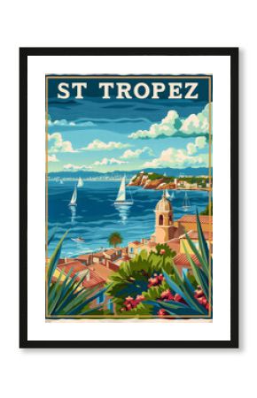 Affiche vintage montrant la ville de St Tropez en illustration
