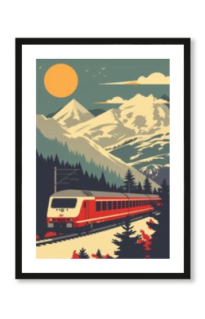 Stylized retro travel poster featuring a vintage red train traversing a scenic route with majestic mountains, forested areas, and a warm sunset backdrop, evoking the golden age of rail travel