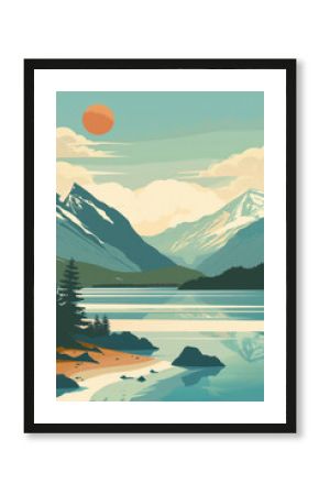 Vintage nature landscape poster with retro mountain scenery. Tranquil sunset. And serene pine trees by the lake. Capturing the nostalgic and peaceful wilderness. Perfect for wall art and travel decor
