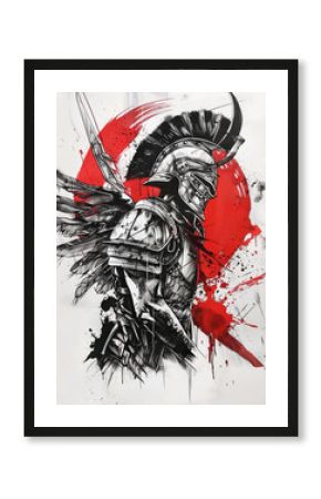 Trash polka tattoo style poster design of a Polish Winged Hussar in Full Armor with a Vibrant Red Background.