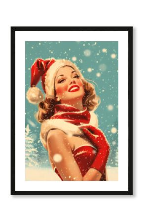Retro style Christmas illustration of a woman in santa claus hat on the blue background. Old style postcard, poster for Christmas or New Year celebration.