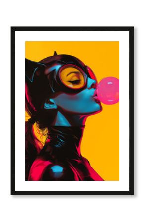 Grunge graffiti style portrait of a mischevious young woman cat burglar blowing a bubble of chewing gum. Vibrant color, distressed pop art style.