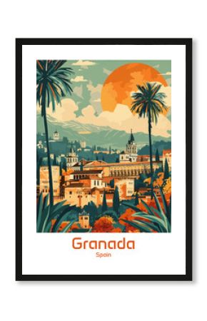 Granada Spain Poster Illustration Travel Print Decor Gift Paper Canvas Wall Retro Art