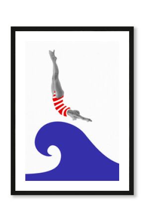 Young woman in black and white with red striped swimsuit diving into stylized blue wave against white background. Elegance and dynamic. Contemporary art collage. Concept of summer, retro, vacation