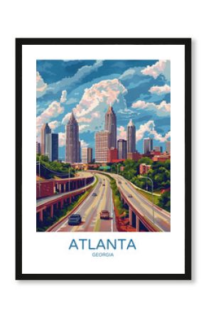 Atlanta Cityscape Georgia Poster Illustration Travel Print Decor Gift Paper Canvas Wall Retro Art