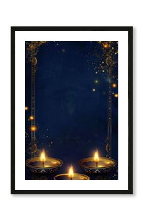 Elegant Diwali card design with a midnight blue background, embellished with intricate gold borders, glowing diya lamps, and subtle twinkling stars. Oriental festival of lights. Ramadan