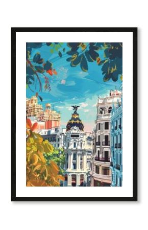 Vintage postcard from Madrid. View of Madrid, travel in Spain. Spain City Skyline with color Buildings. Vertical banner, copy space. Modern and Historic Architecture. Madrid Day. Tourist attractions