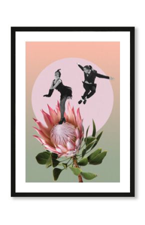 Dance of elegance and bloom. Stylish and emotional couple, man and woman dancing on flower. Energy of Roaring twenties. Contemporary art collage. Concept of surrealism, retro style, creativity