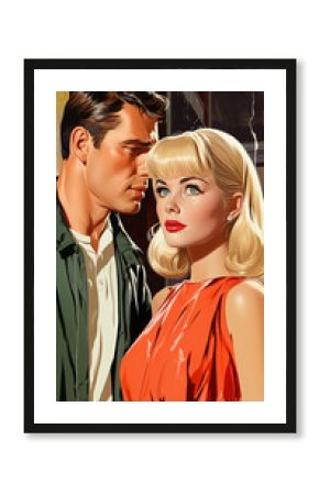 Retro portrait of a man and woman in a red dress near the window. Vintage illustration in comic style. Movie poster in 1950s style.