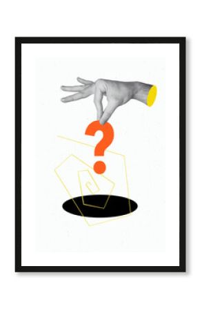 Vertical creative image collage human 3d hand body fragment question mark spiral abyss hole dilemma ask drawing background