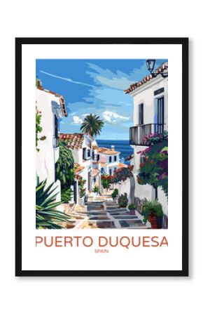 Puerto Duquesa Spain Poster Illustration Travel Print Decor Gift Paper Canvas Wall Retro Art