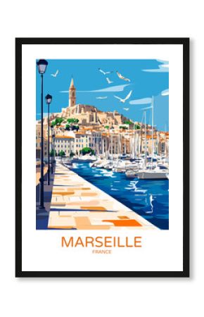 Marseille France Poster Illustration Travel Print Decor Gift Paper Canvas Wall Retro Art