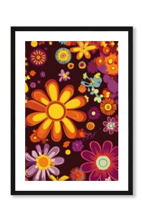 flower power poster with flowers background vector. retro wall decoration, groovy, trippy, geometric shape. Vintage hippie wall art 