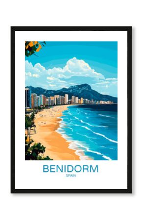Benidorm Spain Poster Illustration Travel Print Decor Gift Paper Canvas Wall Retro Art