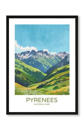 Parc national des Pyrénées France Poster Illustration Travel Print Decor Gift Paper Canvas Wall Retro Art