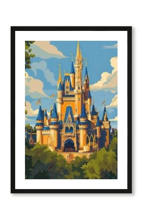Illustration of Cinderella Castle from Orlando, United States Travel Poster in Colorful Flat Digital Art Style