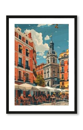 Illustration of Plaza Mayor from Madrid, Spain Travel Poster in Colorful Flat Digital Art Style