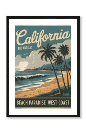 A retro poster-style beach scene set in Los Angeles, California