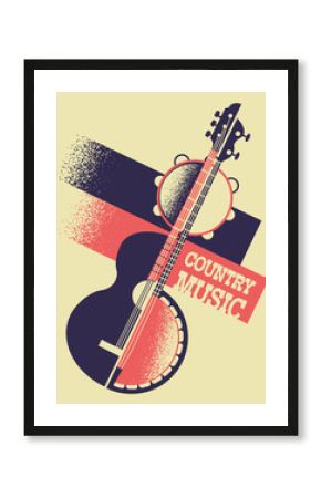 Country Music background with musical instruments and decoration text.Vector retro poster