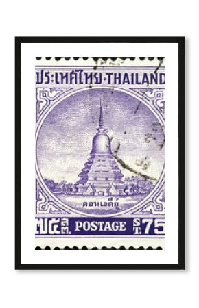 Ancient pagoda on vintage thai postage stamp