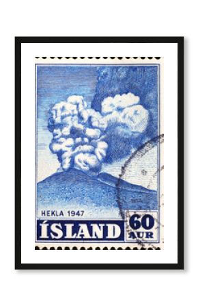 Eruption of vulcan Hekla on vintage icelandic stamp