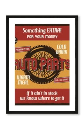 Car repair service retro poster with silhouette wheel and texts. Auto parts and mechanic on duty, transport maintenance and repairing vintage brochure. Garage station for automobiles. Stock